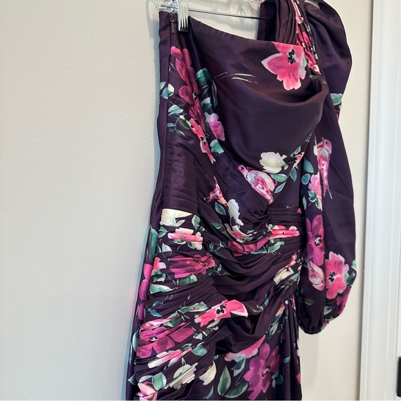 Mac Duggal Ieena Purple One Shoulder Long Sleeve Floral Pink Wedding Guest Dress - Picture 11 of 16